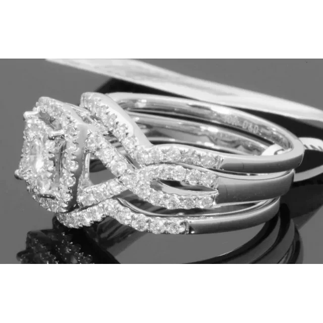 10K WHITE GOLD 1.50 CARAT WOMENS REAL DIAMOND ENGAGEMENT RING WEDDING BANDS SET